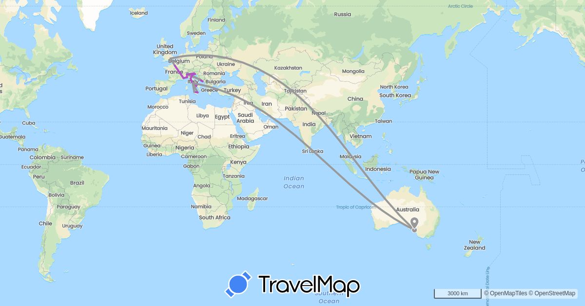 TravelMap itinerary: driving, plane, train in Australia, France, United Kingdom, Croatia, Italy (Europe, Oceania)
